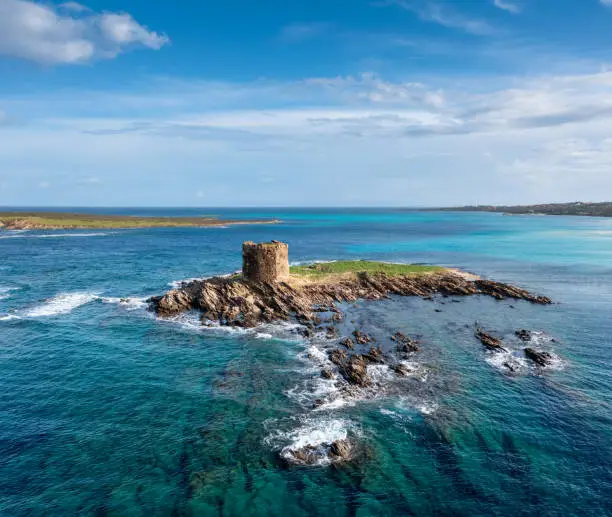 High angle view of the Pelosa Watchtower near Stintino on the coast of Sardinia