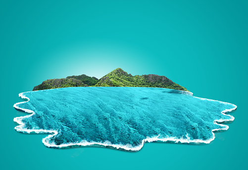 istock 3d illustration of piece of aquarium or ocean with landscape. island paradise isolated, travel and tourism ads. Travel and vacation background. beautiful Surfing waves with underwater scene isolated. 1452098664