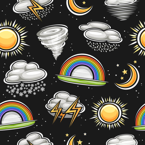 ilustraciones, imágenes clip art, dibujos animados e iconos de stock de patrón sin fisuras de símbolos meteorológicos vectoriales - rainbow multi colored sun sunlight