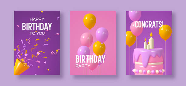 Set of birthday greeting posters. Set of birthday greeting posters with balloons, cake and confetti. Pink, purple, yellow colors. Realistic vector illustration. birthday card stock illustrations