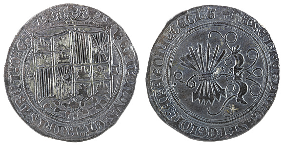 Ancient Spanish silver coin of the Kings Fernando e Isabel. Catholic kings. Coined in Toledo. Real.