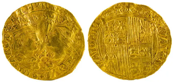 Ancient Spanish gold coin of the Kings Fernando e Isabel. Catholic kings. Coined in Valencia. Ducado.