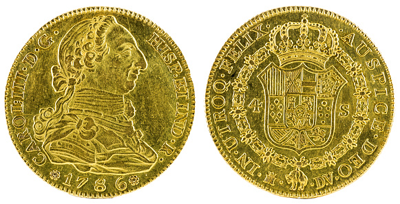 Ancient Spanish gold coin of King Carlos III. With a value of 4 escudos and minted in Madrid. 1786.