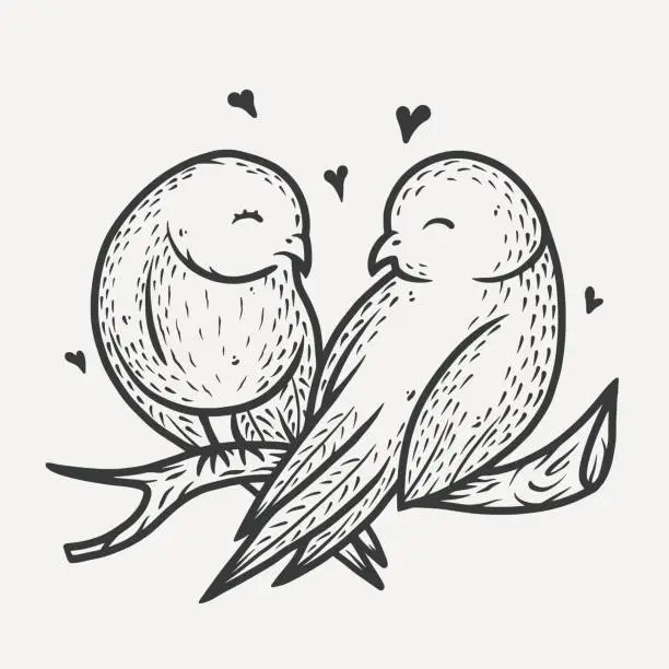 Vector illustration of Lovers bird on branch with hearts Valentines Day