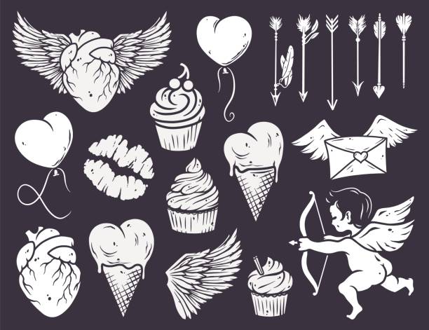 Set of love elements for Valentines Day holiday Set of love elements for Valentines Day holiday. Collection of romantic illustration for wedding invitations, greeting cards, scrapbooking, print and party design winged cherub stock illustrations