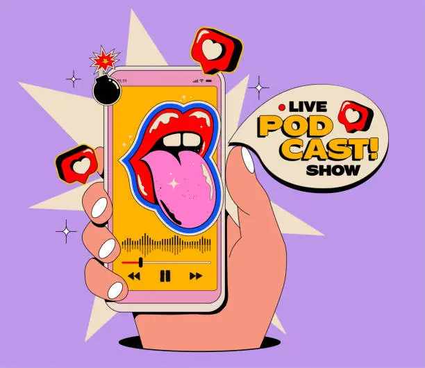 Vector illustration of Podcast on smartphone online live radio show concept with hand holding phone with funny mouth sticker on the screen and player interface in cartoon style. Vector illustration