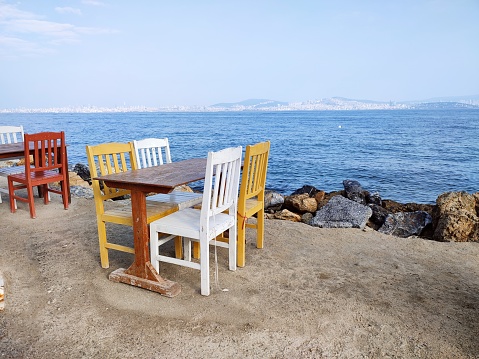 Empty wooden table and desk at Burgaz Ada Prince island of Marmara sea in Istanbul turkey