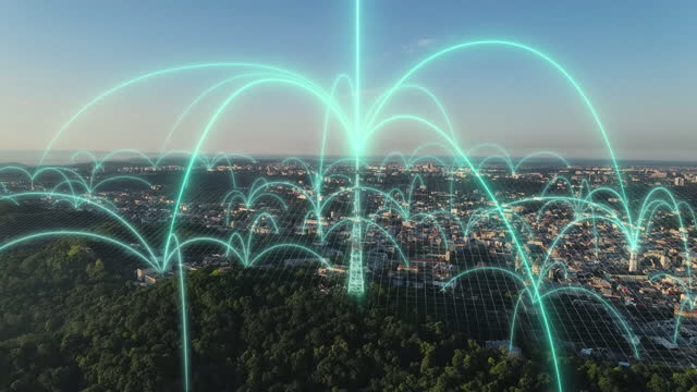 Smart City Hologram Information Arches Forming During Network Communication. Transfer 5g Web Communications Signal. Artificial Intelligence Technology in City. Internet Connection by Satellites