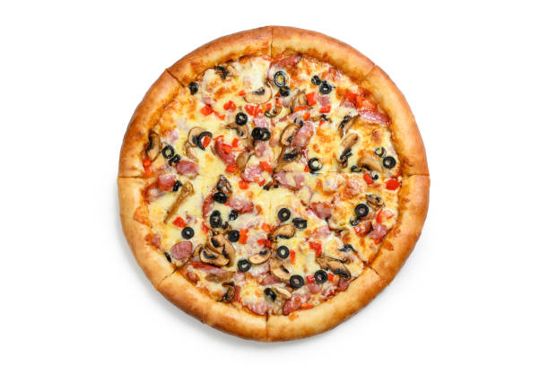 istock Fresh pizza on a white background. View from above 1452121298