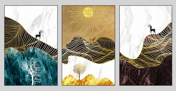 istock 3d modern art wall frame, deer, and sun with blue, white, and turquoise marble. golden trees, and gold waves. 1452122437