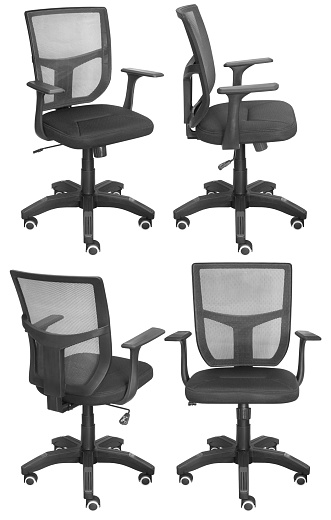 Office computer chair, with a mesh back. Isolated from the background. View from different sides