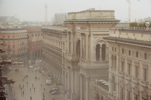 View of the gallery Vittorio Emanuele from the rooftop of the Duomo in Milan during winter
