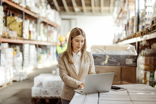 Female inventory manager using laptop computer to checks stock in Warehouse