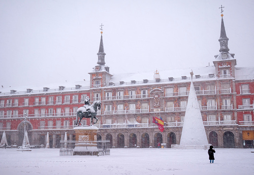 Main square with snow. Madrid. Spain