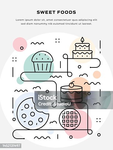 istock Thin Line illustration of Sweet Foods for Poster, flyer, web banner Template 1452131497