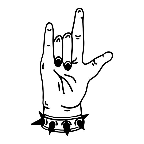 znak dłoni rocka. prosta ikona wektorowa. ręcznie rysowany doodle izolowany na białym. kobiece ramię z malowanymi paznokciami, kolczasta bransoletka. gest muzyki heavy metalowej. czarny kontur, szkic. clipart do logo, plakaty - punk teenage girls women modern rock stock illustrations