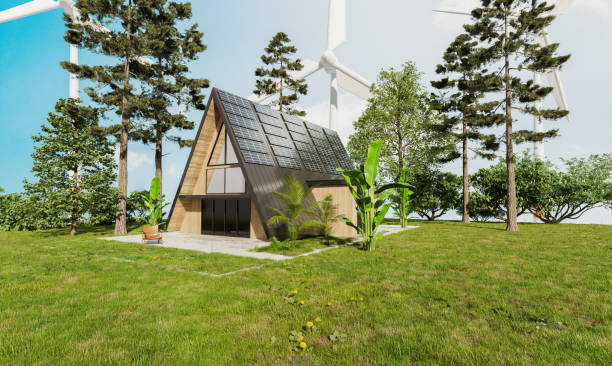 istock A frame house with solar roof with wind turbine 1452134875
