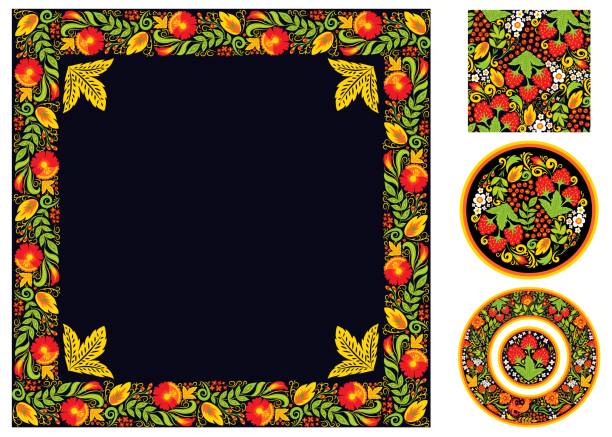 illustrazioni stock, clip art, cartoni animati e icone di tendenza di artigianato culturale tradizionale khokhloma, illustrazione vettoriale. motivi russi naturali con bacche dei cartoni animati, elementi di ornamento folcloristico. - russian culture traditional culture souvenir folk music