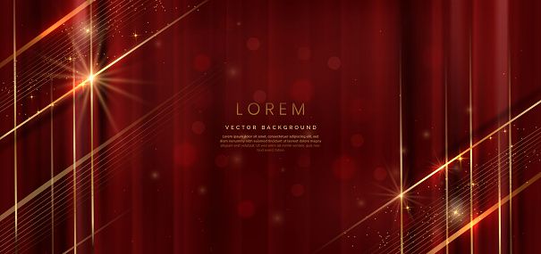 Abstract elegant red background with golden line and lighting effect sparkle. Luxury template design. Vector illustration