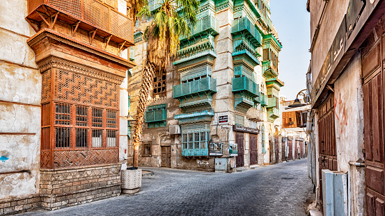 The picturesque buildings in the old town of Jeddah in the western province of Saudi Arabia.