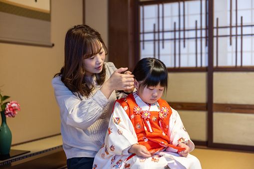 Mother dressing her little daughter in kimono for Shichigosan