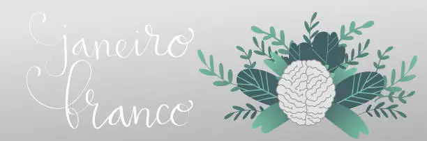 Vector illustration of White January in portuguese Janeiro Branco, Brazil campaign for mental health awareness banner. Handwritten calligraphy lettering, brain, plant leaf and branch vector