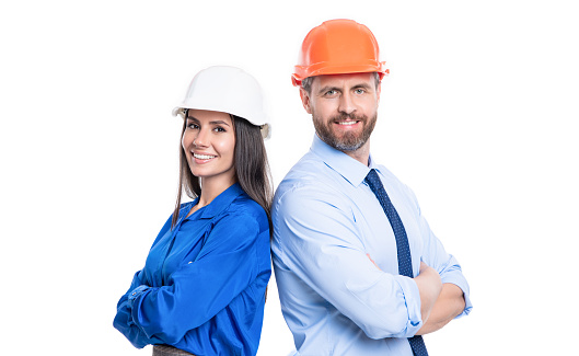 two business architect colleagues in studio. businesspeople wear helmet for architect business. colleagues in architect business. businesspeople or architect business colleagues isolated on white.
