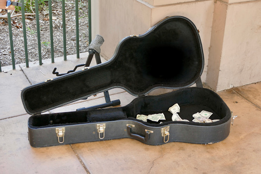 Busker’s open guitar case collecting donations