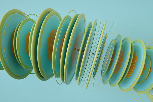 Abstract multilayered circular shapes. Sound waves. 3d render.