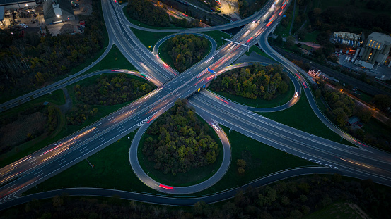 Highway interchange at dusk - aerial view