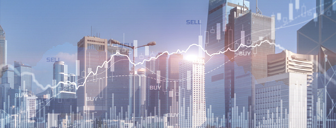 Trading Finance buy and sell concept on futuristic modern city wallpaper.