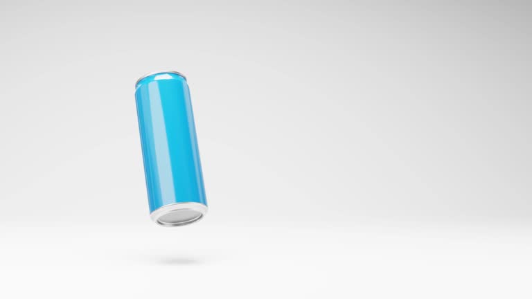 Blue Drink Can Spinning on Studio Light Gray Background