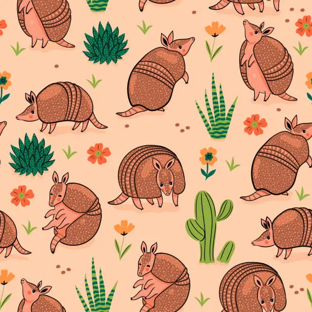 Vector illustration of Seamless pattern with cute armadillos in the desert. Vector graphics.