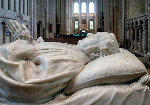 Recumbent figure of Bishop John Thomas Pelham on his monument in the North Transept of Norwich Cathedral in Norwich, Norfolk, Eastern England.