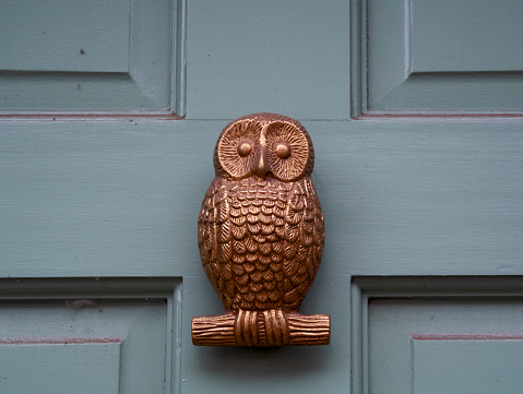 A slightly cross-eyed brown metal owl door knocker on a grey door.