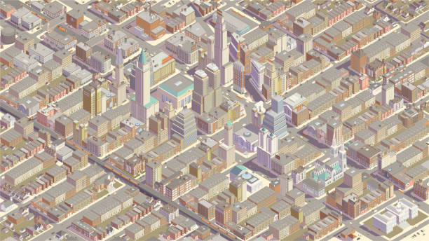 Detailed Isometric City Extremely detailed fictional isometric city includes hundreds of brick and limestone buildings seen from above, including homes, shops, offices, factories, schools, government buildings, train and bus terminals, banks and financial buildings, theaters, a cathedral, an opera house, and more. A gridded street network includes 1920s- and 1930s-style cars and trucks, and an elevated rail line with electric metro trains. A steam locomotive is seen approaching the terminal. Other details include signage, awnings, and rooftop details. Isometric illustration produced with vector shapes presented on a 16 x 9 artboard. 3d city street stock illustrations