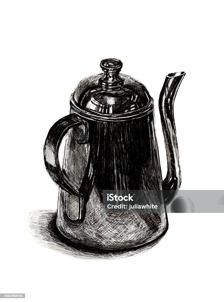 Metal Teapot With Wooden Handle Device For Boiling Water Drawing With A  Ballpoint Pen Isolated On A White Background Vintage Stock Illustration -  Download Image Now - iStock