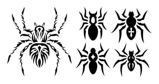 stockillustraties, clipart, cartoons en iconen met tribal tattoo art with black spiders set - maoritatoeages