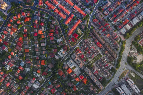 An aerial top view of building roofs of Petaling Jaya City