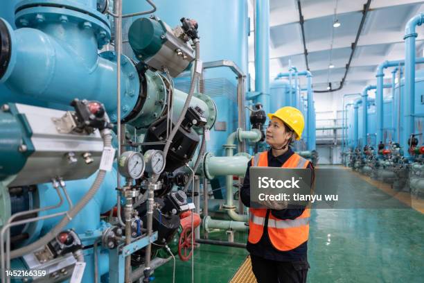A Female Engineer Works In A Chemical Plant Using A Laptop Computer Stock Photo - Download Image Now