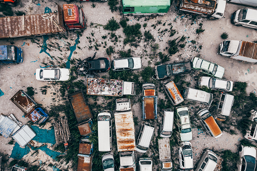Top View of Wrecked and Abandoned Cars, Vehicle Junkyard