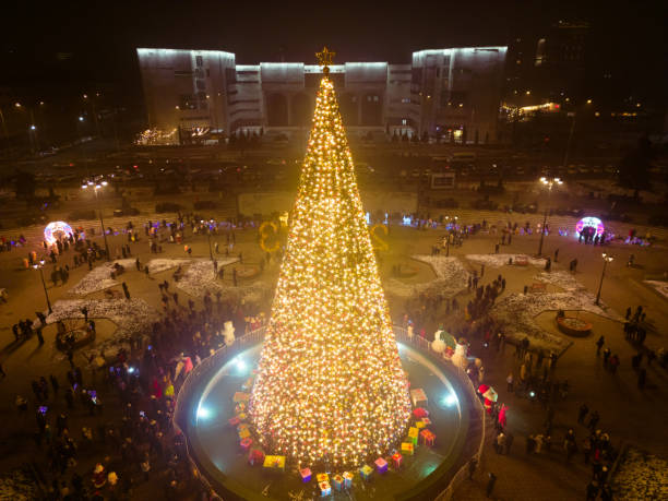 istock Aerial view of illuminated lights on a Christmas tree 1452170220