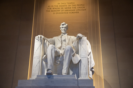 Black & White evening image of Abraham Lincoln in the Lincoln Memorial