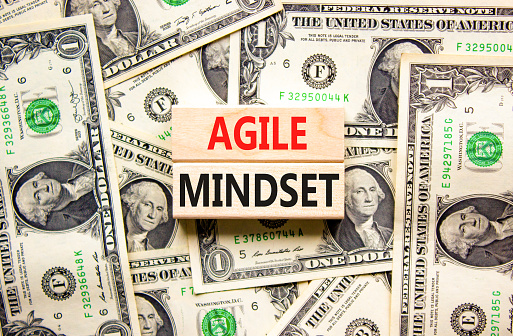 Agile mindset symbol. Concept words Agile mindset on wooden blocks. Beautiful background from dollar bills. Dollar bills. Business flexible and agile mindset concept. Copy space.