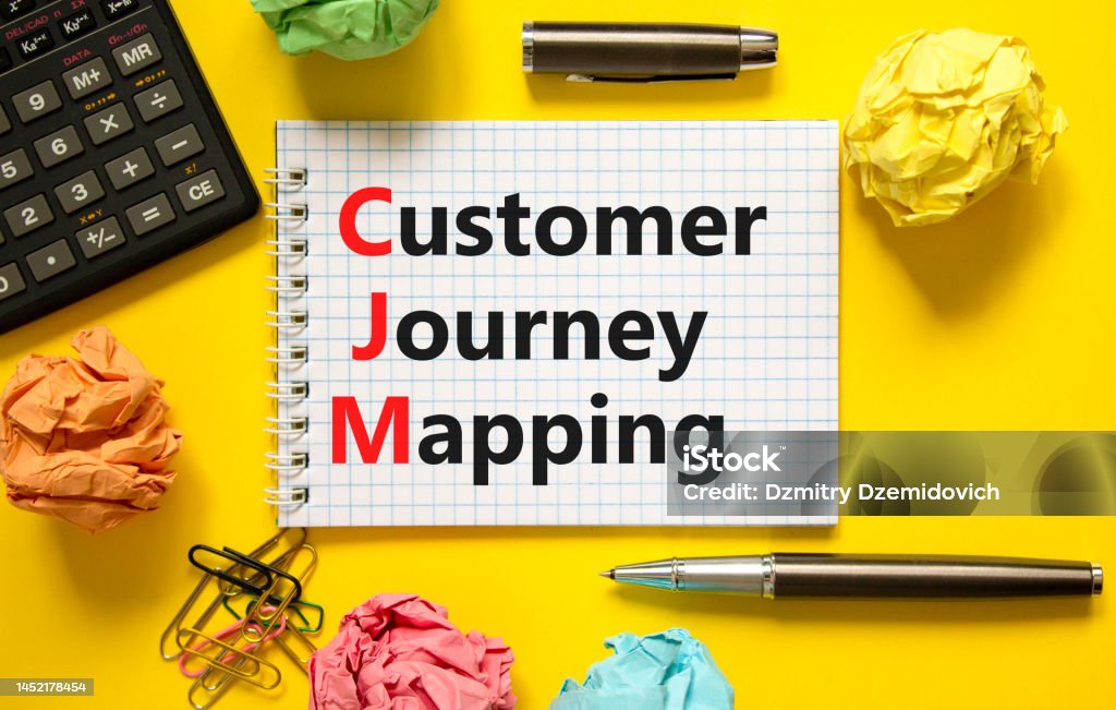 CJM customer journey mapping symbol. Concept words CJM customer journey mapping on white note on a beautiful yellow background. Business and CJM customer journey mapping concept. Copy space. Advertisement Stock Photo