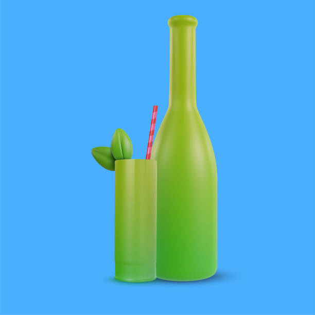 istock 3d realistic cocktail drink and bottle for juice or alcohol with two green leafs. Vector object in modern minimal cartoon glossy style. Sweet colorful illustration isolated on clear background. 1452181527