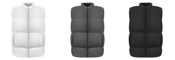 istock Set realistic vest jacket. Sleeveless puffer isolated on white background. Blank mockup waistcoat for branding man or woman fashion. Design casual template. Vector illustration. 1452181543