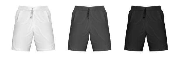 istock Set realistic white, gray, black shorts base cloth isolated on clean background. Collection blank mockup for branding man or woman fashion. Design casual template. 3d vector illustration. 1452181583