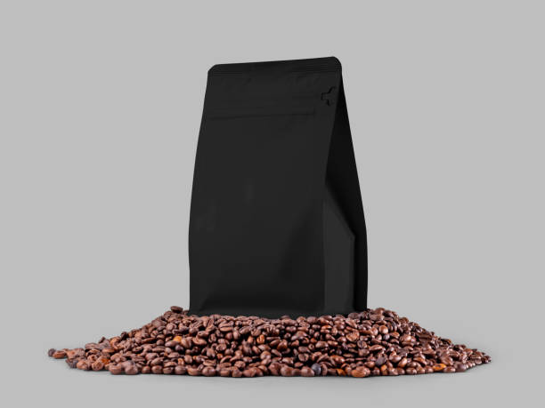 istock Black gusset packaging mockup with zip fastener, on coffee beans, isolated on background. 1452181738