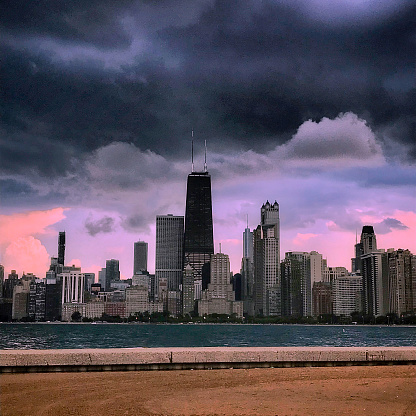 Ominous clouds sunset with Chicago skyline